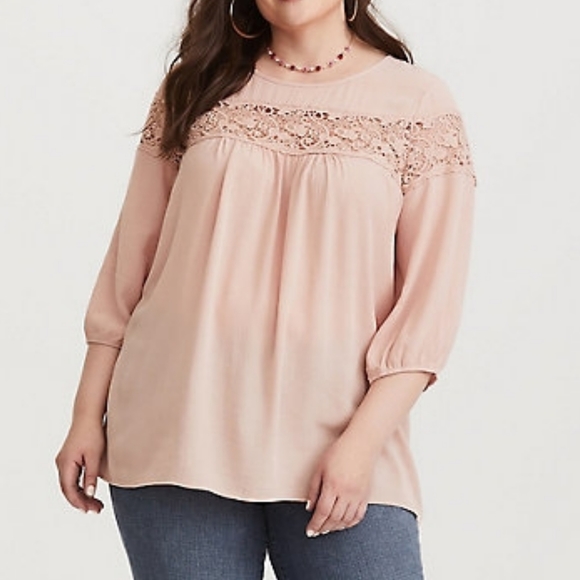 DONATING 1/20/25 Torrid Pink Gauze Lace Inset Blouse - Picture 2 of 7
